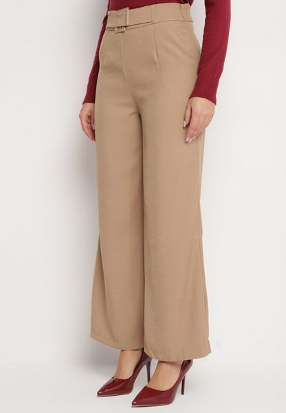 Ciemnobeżowe Garniturowe Spodnie z Wiskozą o Szerokim Kroju z Wysokim Stanem Ozdobione Paskiem Venirria. Brązowe spodnie materiałowe Born2be, na co dzień, l, bez wzorów, z jeansu, z podwyższonym stanem. Za 59.99 zł.