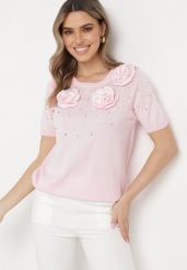 Różowa Wiskozowa Bluzka z Perełkami Cyrkoniami i Aplikacjami Kwiatków Tessia. Czerwone bluzki Born2be, z aplikacjami, z wiskozy, eleganckie, bez kołnierzyka, bez ramiączek. W wyprzedaży za 135.99 zł.