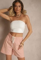 Różowe Wiązane Szorty z Bawełny Basic z Kieszonkami Evitessa. Czerwone szorty Renee, bez wzorów, z bawełny, eleganckie, z podwyższonym stanem. Za 39.99 zł.