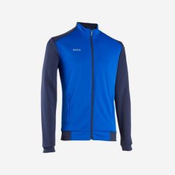 Bluza piłkarska Kipsta Essential trening. Niebieskie bluzy KIPSTA, bez wzorów, z elastanu, bez kaptura. Za 69.99 zł.