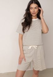 Kremowo-Czarne Bawełniane Szorty Dresowe w Drobne Paseczki Wiązane na Sznurki Loregune. Czarne szorty Born2be, bez wzorów, z bawełny, eleganckie. Za 59.99 zł.