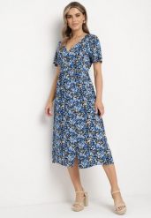 Niebiesko-Granatowa Rozkloszowana Sukienka z Wiskozy z Dekoltem w Serek Zapinana na Guziki Neliae. Niebieskie sukienki Born2be, na co dzień, na wiosnę, s, bez wzorów, z wiskozy, bez kołnierzyka, bez ramiączek, midi, rozkloszowane. Za 34.99 zł.