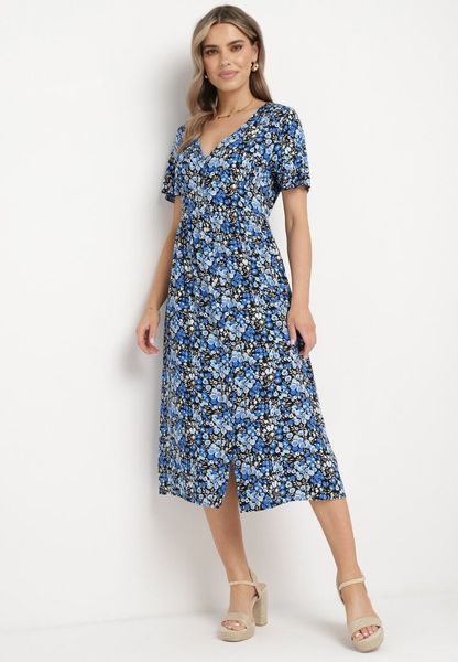 Niebiesko-Granatowa Rozkloszowana Sukienka z Wiskozy z Dekoltem w Serek Zapinana na Guziki Neliae. Niebieskie sukienki Born2be, na co dzień, na lato, s, bez wzorów, z wiskozy, bez kołnierzyka, bez ramiączek, rozkloszowane. Za 34.99 zł.