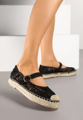 Czarne Espadryle na Plecionej Podeszwie z Paskiem i Koronkową Cholewką Tatonia. Czarne espadryle Renee, bez wzorów, z koronki, bez obcasa, bez zapięcia. Za 74.99 zł.