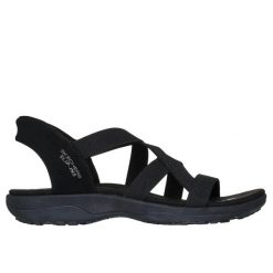 Sandały damskie Skechers Reggae Slim Stretch Flex. Czarne sandały Skechers, bez wzorów, z materiału, bez obcasa, bez zapięcia. Za 299.99 zł.