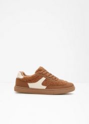 Sneakersy ocieplane w stylu retro. Brązowe obuwie sportowe bonprix, bez zapięcia. Za 134.99 zł.