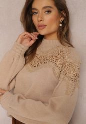 Beżowy Sweter Dzianinowy z Wstawką z Koronki Laroline. Brązowe swetry Renee, bez wzorów, z dzianiny, bez ramiączek. Za 159.99 zł.