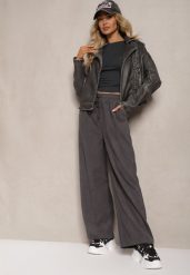 Szare Spodnie o Szerokim Kroju High Waist z Wiązaniem w Pasie Ettianne. Szare spodnie materiałowe Renee, na co dzień, m, bez wzorów, z jeansu, z podwyższonym stanem. Za 39.99 zł.