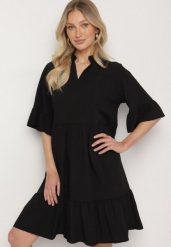 Czarna Sukienka Rozkloszowana z Wiskozą Ozdobiona Falbanami Eviriane. Czarne sukienki Born2be, na co dzień, bez wzorów, z wiskozy, bez kołnierzyka, bez ramiączek, midi, proste. Za 64.99 zł.