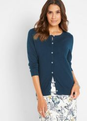 Obcisły sweter rozpinany. Niebieskie kardigany bonprix, bez wzorów. Za 109.99 zł.