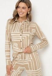 Beżowa Koszula z Wiskozą Ozdobiona Geometrycznym Wzorem Solselia. Brązowe koszule Born2be, l, bez wzorów, z wiskozy, eleganckie, bez kołnierzyka, bez ramiączek. Za 99.99 zł.