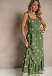 Zielona Sukienka z Wiskozą o Rozkloszowanym Kroju na Ramiączkach w Boho Print Leaella. Zielone sukienki Renee, na co dzień, m, bez wzorów, z wiskozy, boho, bez kołnierzyka, bez ramiączek, midi, rozkloszowane. Za 79.99 zł.
