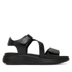 Sandały Tamaris. Czarne sandały Tamaris, bez wzorów, bez obcasa, na koturnie, bez zapięcia. Za 219.99 zł.