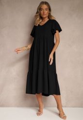 Czarna Rozkloszowana Sukienka z Wiskozą w Casualowym Stylu Filarenna. Czarne sukienki Renee, na co dzień, l, bez wzorów, z wiskozy, eleganckie, bez kołnierzyka, bez ramiączek, midi, rozkloszowane. Za 54.99 zł.