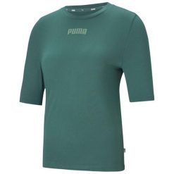Koszulka damska Puma Modern Basics Tee Cloud zielona. Zielone bluzki Puma, xs, bez wzorów, sportowe, bez kołnierzyka, bez ramiączek. Za 69.00 zł.