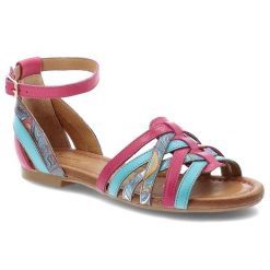 Sandały damskie Maciejka, rzymianki ze skóry naturalnej na płaskim obcasie zapinane sprzaczką, różowo-niebieskie, 06974-39-00-1. Niebieskie sandały Maciejka, z aplikacjami, ze skóry, wakacyjne, bez obcasa, na płaskiej podeszwie, bez zapięcia. Za 309.00 zł.