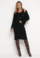 Czarny Prążkowany Komplet Dzianinowy z Kardiganem i Sukienką Selanor. Czarne sukienki Born2be, bez wzorów, z dzianiny, bez kołnierzyka, bez ramiączek. Za 84.99 zł.