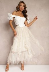 Jasnobeżowa Spódnica High Waist z Gumką w Talii o Siateczkowym Wykończeniu Vikkissa. Brązowe spódnice Renee, na spotkanie biznesowe, l, bez wzorów, eleganckie, maxi, dopasowane. Za 114.99 zł.