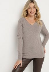 Ciemnoszary Sweter Klasyczny z Trójkątnym Dekoltem z Domieszką Kaszmiru Taielle. Brązowe swetry Born2be, bez wzorów, z jeansu, bez ramiączek. Za 89.99 zł.