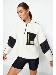 Trendyol Bluza polarowa w kolorze kremowo-czarnym rozmiar: M. Brązowe bluzy sportowe Trendyol, m, bez wzorów, z polaru, bez kaptura. Za 105.14 zł.