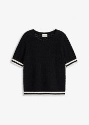 Sweter ażurowy z przędzy piórkowej. Czarne swetry bonprix, w ażurowe wzory, bez ramiączek. Za 159.99 zł.