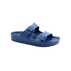 Klapki damskie Birkenstock Arizona Eva. Niebieskie klapki Birkenstock, bez wzorów, z materiału, bez obcasa. Za 366.00 zł.