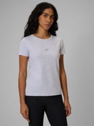 4F T-shirt slim gładki damski - szary XS. Szare koszulki sportowe 4f, bez wzorów, z materiału, bez ramiączek, na fitness i siłownię. Za 49.99 zł.
