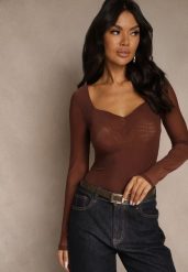 Brązowa Bluzka Longsleeve z Siateczki z Wiskozą z Dekoltem w Serce Elinevia. Brązowe bluzki Renee, l, bez wzorów, z wiskozy, bez kołnierzyka, bez ramiączek. Za 99.99 zł.