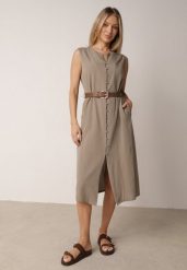 Zielona Taliowana Sukienka z Bawełną i Wiskozą Ozdobiona Paskiem Luven. Zielone sukienki Born2be, na co dzień, l, bez wzorów, z bawełny, eleganckie, bez kołnierzyka, bez ramiączek, midi, proste. Za 139.99 zł.