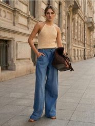 Jeansy palazzo z kieszeniami i materiałowym paskiem - niebieski. Niebieskie jeansy Sinsay, l, bez wzorów. Za 59.99 zł.