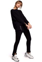 Wygodna Prosta Bluza z Lampasem - Czarna. Czarne bluzy MOE, l, bez wzorów, z bawełny, bez kaptura. Za 229.90 zł.