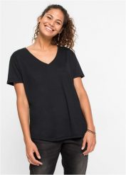 T-shirt z dekoltem w serek. Białe t-shirty bonprix, bez wzorów, bez kołnierzyka, bez ramiączek. Za 39.99 zł.