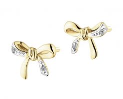 Kolczyki z żółtego złota z diamentami - kokardki - 0,01 ct - próba 585. Żółte kolczyki Apart, z diamentem, złote. Za 1,190.00 zł.