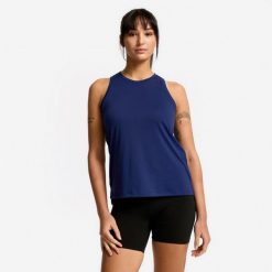 Koszulka fitness damska bez rękawów. Niebieskie koszulki sportowe DOMYOS, bez wzorów, z elastanu, bez ramiączek, na fitness i siłownię. Za 39.99 zł.