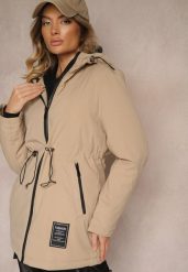 Ciemnobeżowa Kurtka Typu Parka ze Ściągaczem w Talii z Kapturem i Kieszeniami Daroma. Brązowe kurtki Renee, s, bez wzorów, z kapturem. Za 124.99 zł.