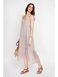 ASSUILI Lniana sukienka w kolorze beżowym rozmiar: 42. Brązowe sukienki Assuili, bez wzorów, ze lnu, bez kołnierzyka, bez ramiączek, maxi, rozkloszowane. Za 130.99 zł.