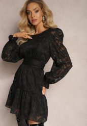 Czarna Rozkloszowana Sukienka Mini z Tkaniny Plumeti Marsane. Czarne sukienki Renee, na spotkanie biznesowe, l, bez wzorów, z tkaniny, bez kołnierzyka, bez ramiączek, mini, rozkloszowane. Za 119.99 zł.