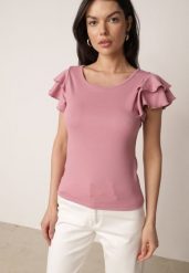 Różowa Bawełniana Bluzka o Prostym Kroju z Krótkim Rękawem z Falbanek Himoni. Czerwone bluzki Born2be, l, bez wzorów, z bawełny, biznesowe, bez kołnierzyka, bez ramiączek. Za 49.99 zł.