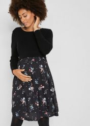 Sukienka ciążowa z dzianiny i wiskozy. Czarne sukienki bonprix, bez wzorów, z dzianiny, bez kołnierzyka, moda ciążowa, bez ramiączek, mini. Za 144.99 zł.