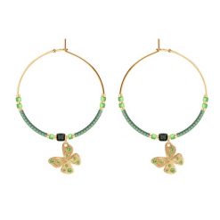 Kolczyki koła z zielonymi japońskimi koralikami Miyuki z zawieszkami Papillon. Zielone kolczyki Lilou, z turkusem, pozłacane. Za 487.00 zł.