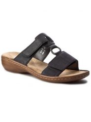 Rieker Klapki 60885-00 Czarny. Czarne klapki Rieker, bez wzorów, ze skóry, bez obcasa. Za 169.99 zł.