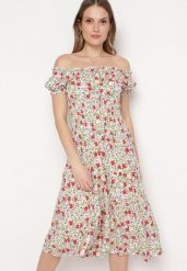 Biało-Zielona Bawełniana Sukienka Midi w Kwiatowy Print o Fasonie Hiszpanki Anirpe. Białe sukienki Born2be, na lato, l, bez wzorów, z bawełny, bez kołnierzyka, bez ramiączek, midi. Za 44.99 zł.