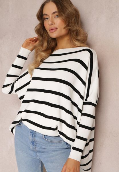 Biały Oversizowy Sweter z Rękawami o Fasonie Nietoperz i Wzorem w Paski Eistauma. Białe swetry Renee, bez wzorów, bez ramiączek. Za 109.99 zł.