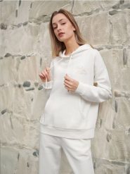Bluza z kapturem - kremowy. Białe bluzy Sinsay, l, bez wzorów, z bawełny, z kapturem. W wyprzedaży za 42.99 zł.