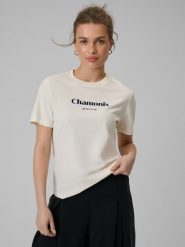 4F T-shirt loose z nadrukiem damski - beżowy L. Brązowe t-shirty 4f, l, bez wzorów, z bawełny, bez kołnierzyka, bez ramiączek. Za 79.99 zł.