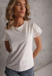 Biały T-shirt z Bawełny z Rękawami z Koronki Hycis. Białe t-shirty Renee, m, bez wzorów, z bawełny, bez kołnierzyka, bez ramiączek. Za 69.99 zł.