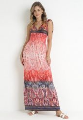 Czerwona Rozkloszowana Sukienka Maxi z Cienkimi Gumkami w Pasie i Kopertowym Dekoltem Clothilda. Czerwone sukienki Born2be, na lato, l, bez wzorów, bez kołnierzyka, bez ramiączek, maxi, kopertowe. Za 69.99 zł.