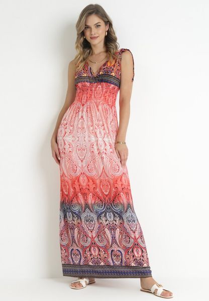 Czerwona Rozkloszowana Sukienka Maxi z Cienkimi Gumkami w Pasie i Kopertowym Dekoltem Clothilda. Czerwone sukienki Born2be, na lato, l, bez wzorów, bez kołnierzyka, bez ramiączek, maxi, kopertowe. Za 69.99 zł.