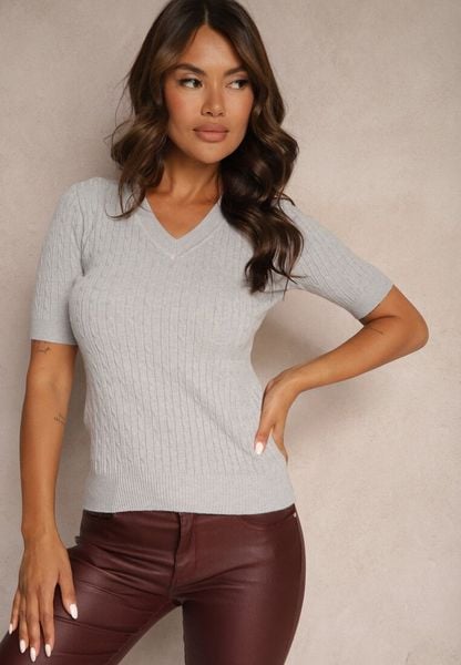 Szara Bluzka Dzianinowa z Dekoltem w V Ciathara. Szare bluzki Renee, s, bez wzorów, z dzianiny, klasyczne, bez kołnierzyka, bez ramiączek. Za 49.99 zł.