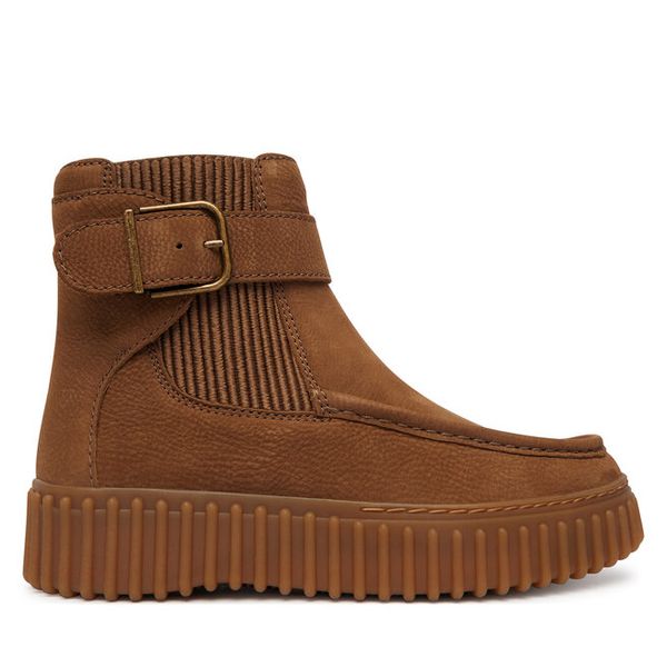 Botki Clarks. Brązowe botki Clarks, bez wzorów, bez obcasa, na płaskiej podeszwie, bez zapięcia. Za 569.99 zł.